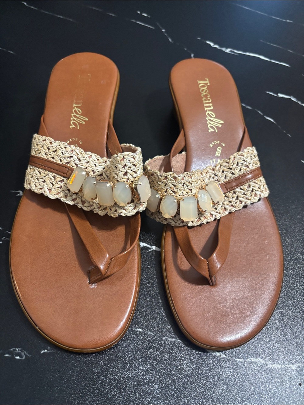 Toscanella Tan Woven Gemstone Toe-Post Sandals